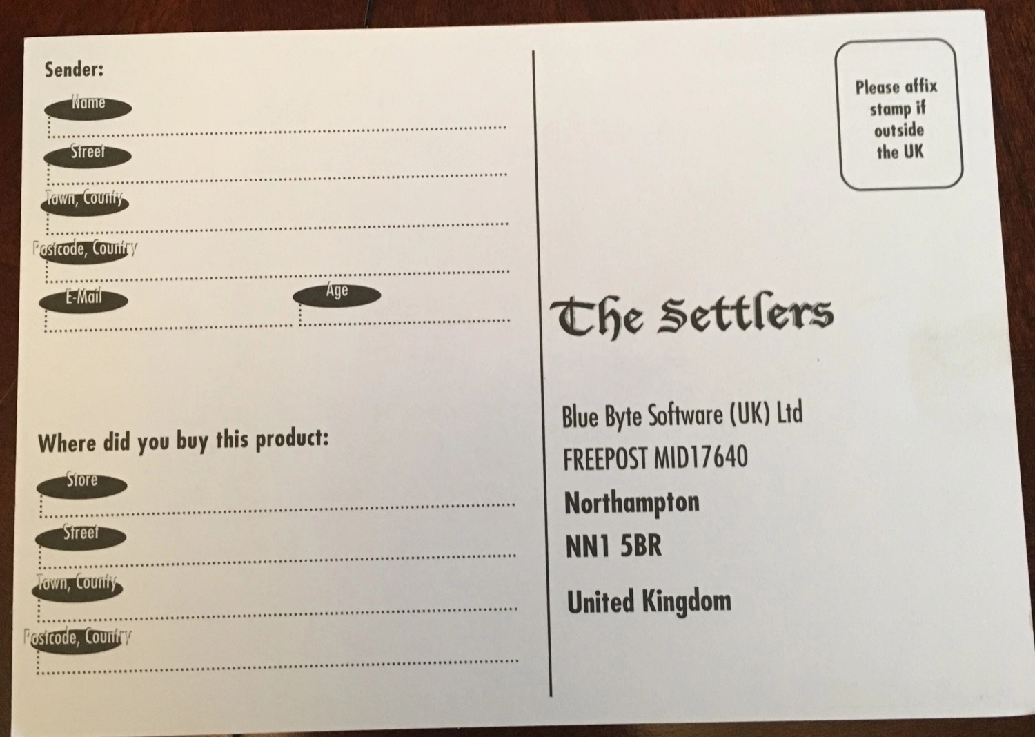 The Settlers Registration Card Back